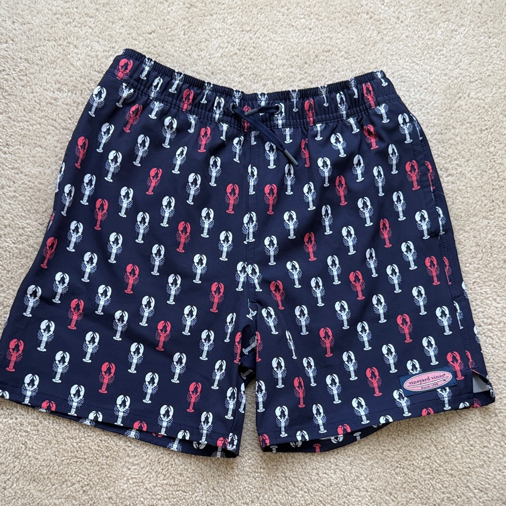 Vineyard Vines Boys Swim Trunks with Red and White Lobster Print